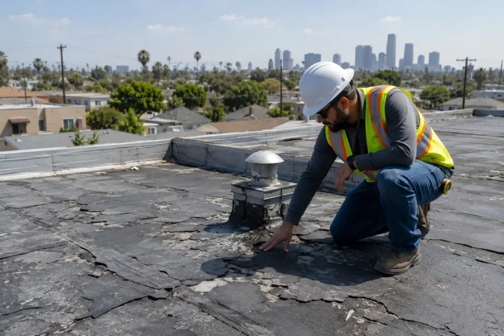 Flat roof repair Los Angeles – specialist inspecting damaged membrane on residential flat roof
