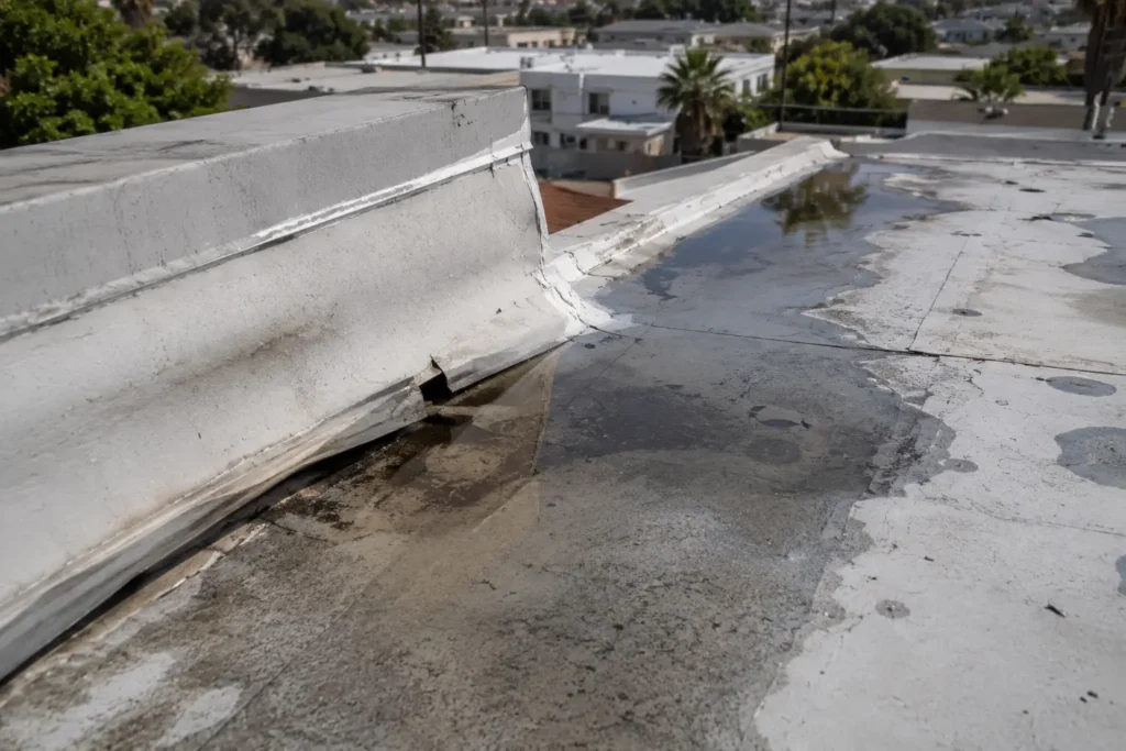 Flat roof leak repair Los Angeles – ponding water and open seams on worn flat roof membrane