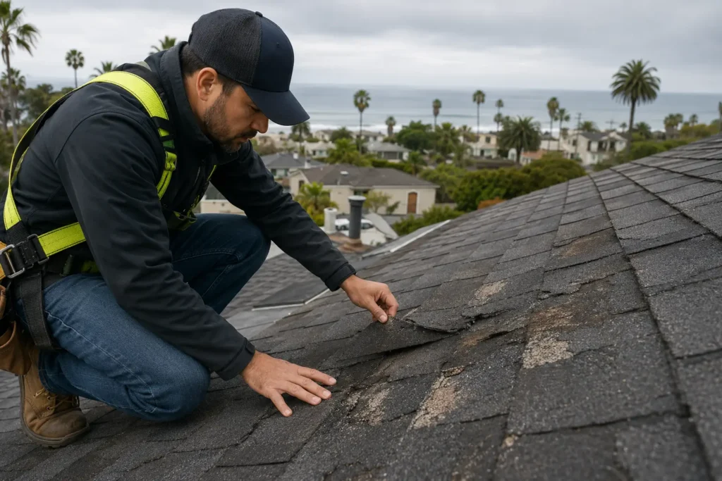 Roof repair Santa Monica – licensed contractor inspecting residential roof damage