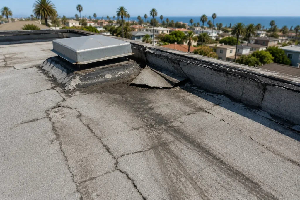 Common roof damage in Santa Monica – cracked flashing and flat roof membrane wear on residential home