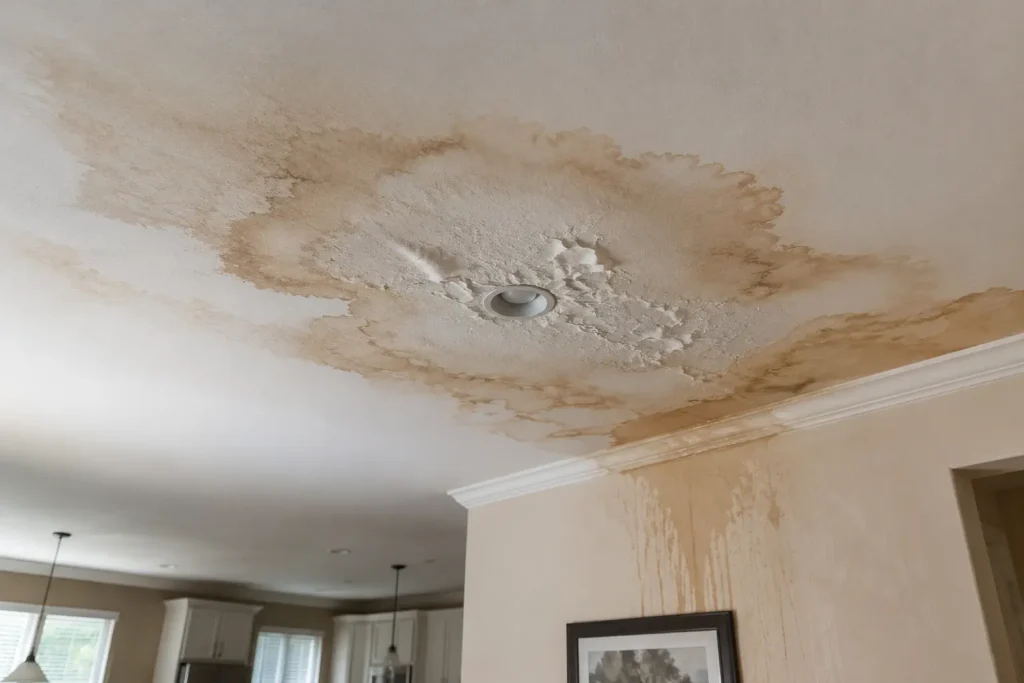 Roof leak damage Los Angeles home interior, water staining and bubbling paint on ceiling caused by active roof leak