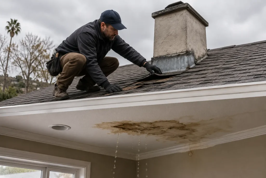 Roof leak repair Los Angeles specialist inspecting active leak near chimney flashing on residential roof