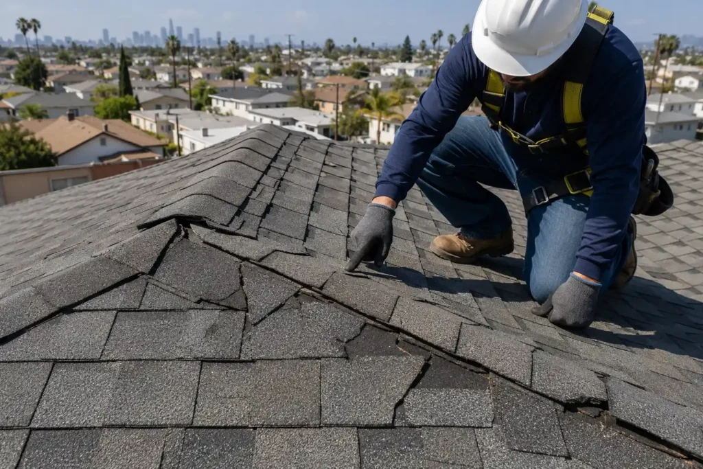 Roofing contractor in Century City inspecting a flat roof with high-rise buildings in the background